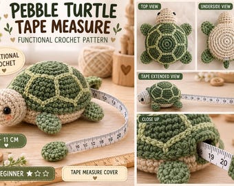 May include: A crochet turtle tape measure with a green shell and beige head, limbs, and underside. The turtle features a retractable white measuring tape with black markings extending from its side, showing measurements up to 20 cm.