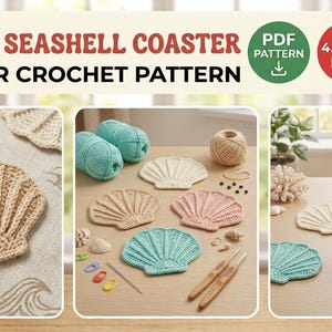 Könnte beinhalten: Eine Häkelanleitung für einen Küsten-Muschel-Untersetzer mit dem Text COASTAL SEASHELL COASTER BEGINNER CROCHET PATTERN, PDF PATTERN, 4.5-5 IN und EASY STITCHES. Das Bild zeigt fertige muschelförmige Untersetzer in Beige, Rosa und Türkis.