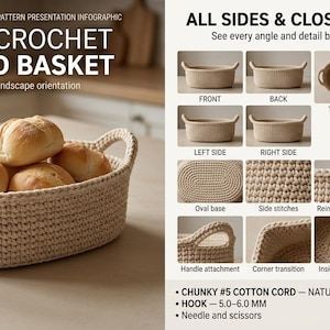 May include: An infographic for an easy crochet bread basket pattern in natural beige. It displays the finished oval basket with handles, detailed views of the sides, base, and rim, plus a list of materials including chunky #5 cotton cord.