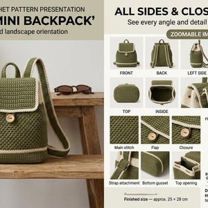 Può includere: Una presentazione di schema all'uncinetto per un mini zaino in verde oliva e crema con chiusura a bottone in legno. L'immagine include viste multiple, diagrammi di assemblaggio ed etichette che descrivono il design e le misure di 25 x 28 cm.