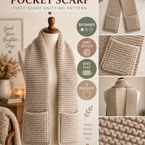 Puede incluir: Una bufanda de punto bobo en color beige con bolsillos, exhibida en un maniquí. La bufanda presenta dos bolsillos rectangulares en los extremos. El texto en la imagen dice COZY GARTER POCKET SCARF, FIRST SCARF KNITTING PATTERN, BEGINNER, KNIT STITCH, KNIT FLAT, 2 POCKETS.
