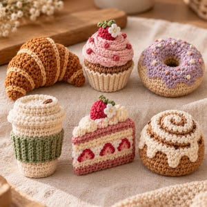 May include: A collection of six crocheted food items including a brown croissant, a pink cupcake with a strawberry, a purple frosted donut, a beige coffee cup with a green sleeve, a strawberry cake slice, and a brown cinnamon roll with white icing.