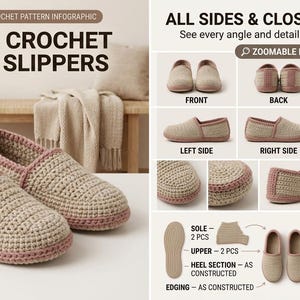 Op de afbeelding: Een haakpatroon-infographic voor eenvoudige huisslippers. De afbeelding toont beige en oudroze slippers vanuit meerdere hoeken, waaronder voor-, achter-, boven- en zijaanzichten. De materialen zijn garen van dikte 5 en een haaknaald van 5,0 mm.