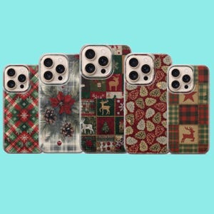 May include: Five smartphone cases featuring holiday-themed patterns. Designs include red and green plaid, a poinsettia and pinecone arrangement, a patchwork grid with reindeer and trees, a repeating pinecone print, and a plaid pattern with stars.