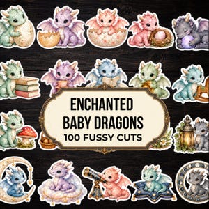 Peut inclure: Une collection d'autocollants représentant des bébés dragons dans diverses poses, avec des œufs, des livres, des champignons, des lanternes et des télescopes. Une étiquette centrale affiche le texte ENCHANTED BABY DRAGONS 100 FUSSY CUTS.