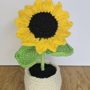 Op de afbeelding: Een gehaakte zonnebloem met heldergele bloemblaadjes en een donkerzwart hart, bevestigd aan een groene steel met twee groene bladeren. De bloem staat in een klein, rond, gebroken wit gehaakt potje gevuld met zwart garen als aarde.