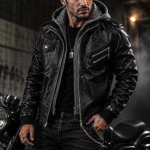 May include: A black leather jacket with a gray hooded insert, featuring multiple silver zippers, a chest pocket with a snap button, and ribbed cuffs. The jacket is worn over a black shirt with a silver dog tag necklace and dark denim jeans.