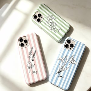 Custom Birth Flower Phone Case,Personalized Striped iPhone Case with Name,Gift for Her