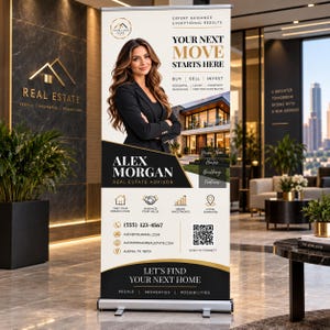 Może przedstawiać: Pionowy baner typu roll-up dla doradcy ds. nieruchomości o nazwisku Alex Morgan. Projekt zawiera profesjonalny portret, tekst 'YOUR NEXT MOVE STARTS HERE', dane kontaktowe, kod QR oraz ikony usług związanych z rynkiem nieruchomości.