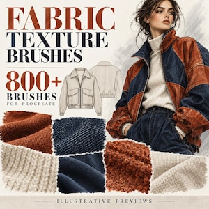May include: A digital collection titled FABRIC TEXTURE BRUSHES 800+ BRUSHES FOR PROCREATE featuring a technical sketch of a jacket, a person wearing a colour-blocked rust and navy jacket over a cream jumper, and various fabric texture swatches.