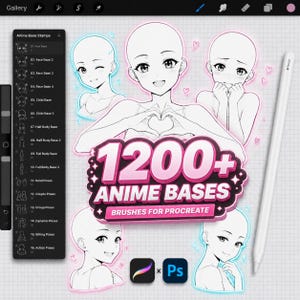 Może przedstawiać: Cyfrowy pakiet zasobów artystycznych dla Procreate zawierający 1200+ stempli z bazami anime. Interfejs wyświetla menu póz głowy i ciała oraz centralny tekst 1200+ ANIME BASES BRUSHES FOR PROCREATE, obok białego rysika.