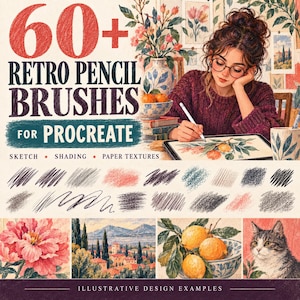 Op de afbeelding: Een digitaal product voor 60+ Retro Pencil Brushes for Procreate, met tekst, potloodstreekvoorbeelden en illustratieve voorbeelden waaronder een bloem, een landschap, citroenen in een kom en een kat, met een persoon die op een tablet tekent.