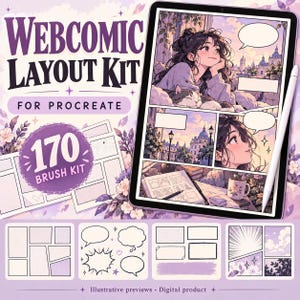 May include: A digital webcomic layout kit for Procreate featuring 170 brushes. The image displays a tablet screen showing a multi-panel comic illustration with a character, speech bubbles, and a city background, alongside a stylus and brush previews.