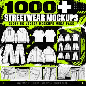 Könnte beinhalten: Eine digitale Grafik mit 1000+ Streetwear Mockups Clothing Vector Mockups Mega Pack. Das Bild zeigt weiße Linienskizzen von Hoodies, T-Shirts, Cargohosen und Jacken sowie detaillierte Nahaufnahmen von verschiedenen Kleidungsmerkmalen.