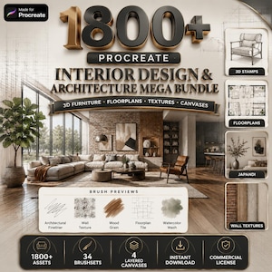 Może przedstawiać: Cyfrowy pakiet zasobów dla Procreate zatytułowany 1800+ Procreate Interior Design & Architecture Mega Bundle. Zawiera podglądy stempli 3D, planów pięter, stylów Japandi i tekstur ściennych oraz próbki pędzli, w tym cienkopisów i akwareli.