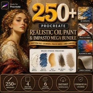 Może przedstawiać: Cyfrowy zestaw produktów do Procreate zawierający ponad 250 realistycznych pędzli do malarstwa olejnego i impasto. Grafika przedstawia portret, podgląd pociągnięć pędzla oraz etykiety tekstur impasto 3D, szpachli i płótna lnianego.