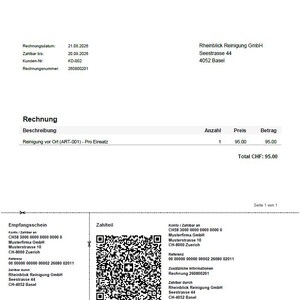 Könnte beinhalten: Eine schwarz-weiße Rechnung der Musterfirma GmbH an die Rheinblick Reinigung GmbH. Sie enthält das Firmenlogo TC SOLUTIONS, Rechnungsdetails, eine Leistungsbeschreibung für Reinigung, einen Gesamtbetrag von 95,00 CHF und einen QR-Zahlschein.