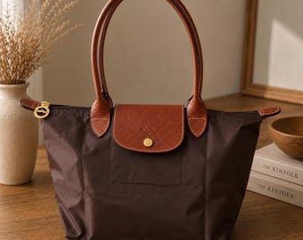 Longchamp Large Brown Nylon Tote Bag, Leather Trim Shoulder Bag, Foldable Lightweight Handbag, Everyday Travel Shopping Tote