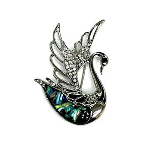 Stunning Abalone Shell SWAN BROOCH - Decorated with Swarovski Crystals!