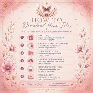 Puede incluir: Una gu&iacute;a de instrucciones digital con un borde floral rosa suave y una ilustraci&oacute;n de mariposa en la parte superior. El texto dice: HOW TO Download Your Files, seguido de seis pasos numerados para acceder a compras digitales en Etsy y una nota.