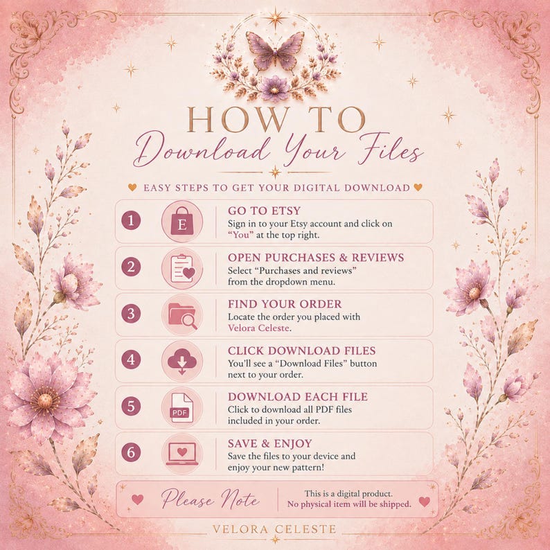 Puede incluir: Una gu&iacute;a de instrucciones digital con un borde floral rosa suave y una ilustraci&oacute;n de mariposa en la parte superior. El texto dice: HOW TO Download Your Files, seguido de seis pasos numerados para acceder a compras digitales en Etsy y una nota.