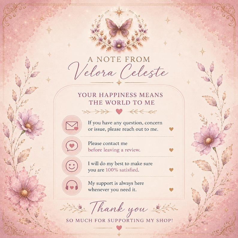 Puede incluir: Una tarjeta de atenci&oacute;n al cliente de color rosa claro con un borde de mariposa y flores. El texto dice: A NOTE FROM Velora Celeste, YOUR HAPPINESS MEANS THE WORLD TO ME, seguido de cuatro iconos de contacto e instrucciones, terminando con Thank you.