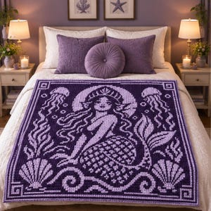 May include: A rectangular throw blanket featuring a dark purple and light lavender pixelated design of a mermaid centered within a decorative border. The pattern includes jellyfish, seashells, and geometric corner accents in a repeating grid texture.
