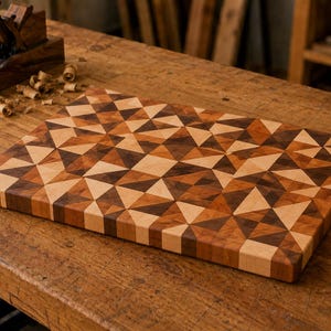 May include: A rectangular wooden cutting board featuring a geometric pattern composed of light, medium, and dark brown wood triangles. The board has a smooth, flat surface and straight edges, showcasing a complex mosaic of natural wood grain tones.