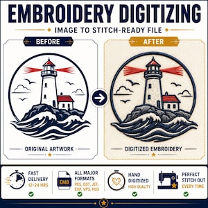 Könnte beinhalten: Eine Vergleichsgrafik mit dem Titel EMBROIDERY DIGITIZING zeigt links die Originalgrafik eines Leuchtturms und rechts die resultierende digitalisierte Stickerei. Das Motiv zeigt einen Leuchtturm, Wellen und Vögel in Blau, Rot und Weiß.