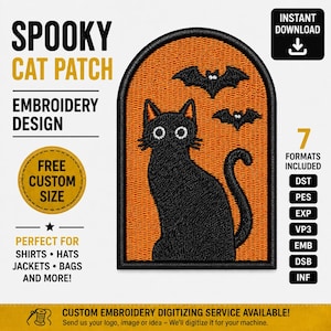 Spooky Black Cat Embroidery Patch Design, Bat Halloween File with Custom Size, Gothic Machine Embroidery Pattern PES DST Instant Download