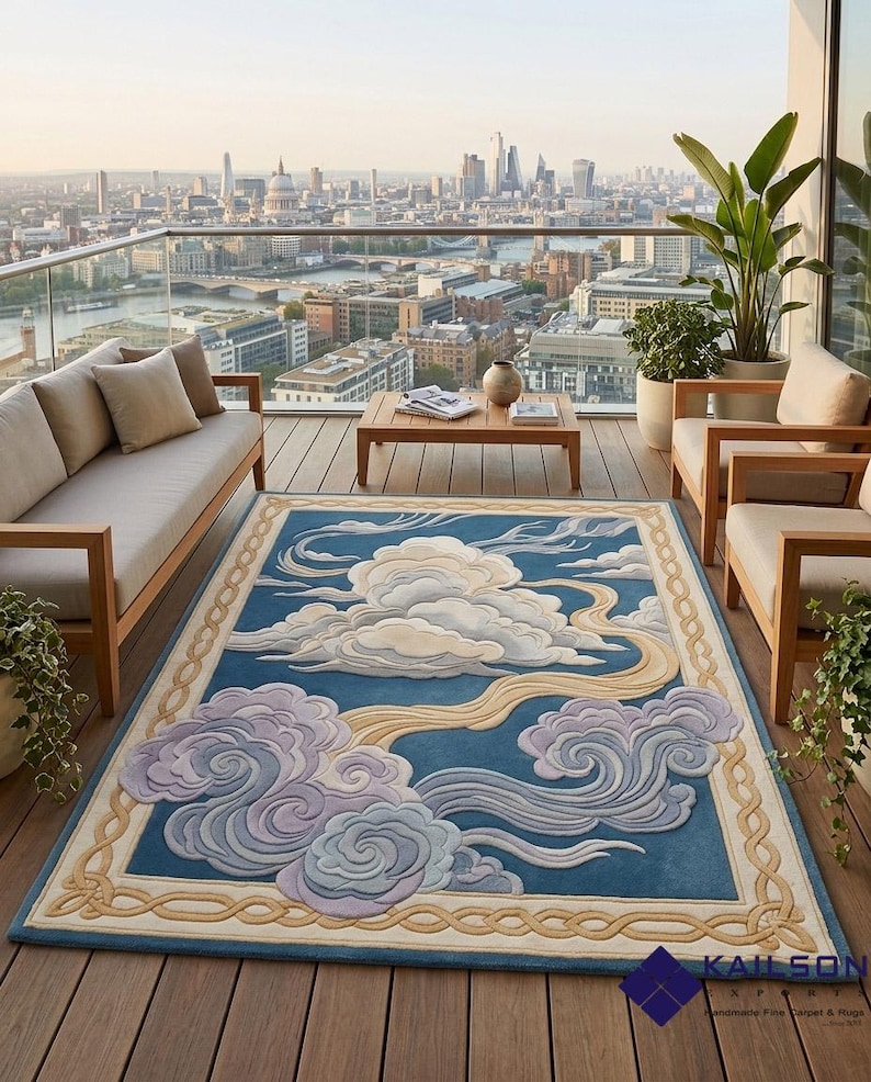 Japanese Looking Rug Hand Tufted Japanese Cloud Rug – Blue Gold Zen Celestial Wool Area Rug ...