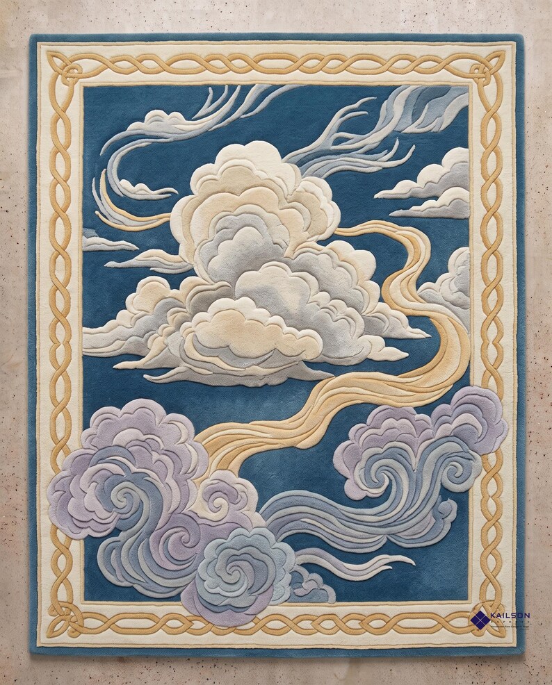 Japanese Looking Rug Hand Tufted Japanese Cloud Rug – Blue Gold Zen Celestial Wool Area Rug ...