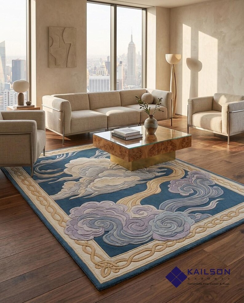 Japanese Looking Rug Hand Tufted Japanese Cloud Rug – Blue Gold Zen Celestial Wool Area Rug ...