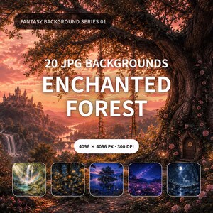 Pode incluir: Uma coleção digital de 20 fundos JPG intitulada Fantasy Background Series 01 Enchanted Forest. A imagem principal mostra uma paisagem ao pôr do sol com um castelo, cascata e casa na árvore. Cinco miniaturas mostram cenas variadas.