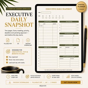 Puede incluir: Una plantilla de planificador digital titulada Executive Daily Snapshot con dos páginas para la gestión de carreras remotas. El diseño incluye secciones para entradas de calendario, prioridades, plazos, aprobaciones de facturas y tareas en tonos beige y verde oliva.