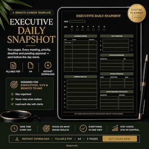 Puede incluir: Una plantilla de planificador diario ejecutivo digital en un esquema de color negro y dorado. El diseño incluye secciones para entradas de calendario, tres prioridades principales, plazos, aprobaciones de facturas, tareas y acciones.