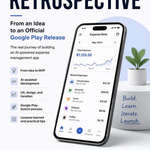 May include: A smartphone displaying an expense management app interface titled Expense Note, showing a May 2024 dashboard with a total expense of $1,126.58, a line graph, and a list of recent transactions including transportation, groceries, and coffee.