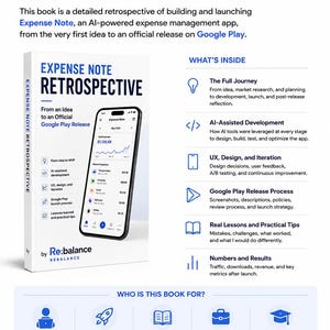 May include: A white book titled Expense Note Retrospective featuring a smartphone displaying an expense app interface. The cover includes text about the journey from idea to Google Play release, with sections detailing AI development, UX design, and launch.