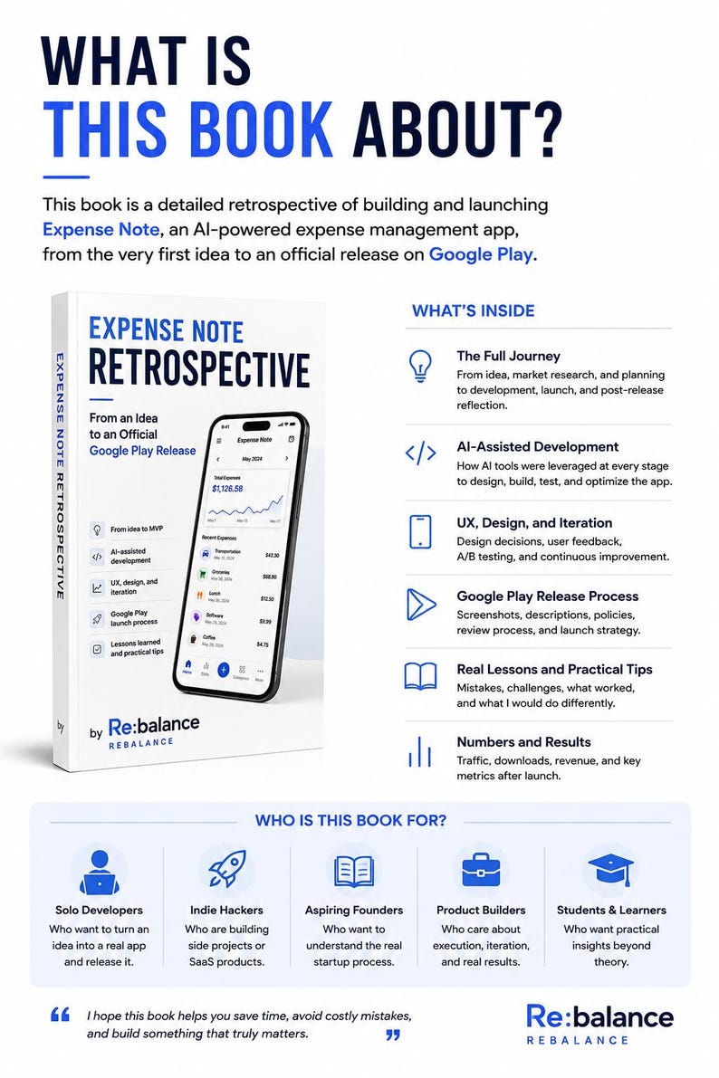 May include: A white book titled Expense Note Retrospective featuring a smartphone displaying an expense app interface. The cover includes text about the journey from idea to Google Play release, with sections detailing AI development, UX design, and launch.