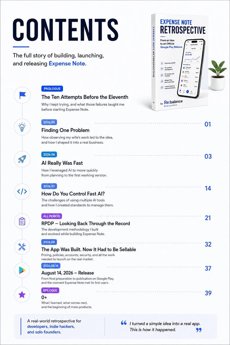 May include: A white book titled Expense Note Retrospective with a smartphone displaying a financial app interface on the cover. The page lists a table of contents with chapters including The Ten Attempts, Finding One Problem, and AI Really Was Fast.