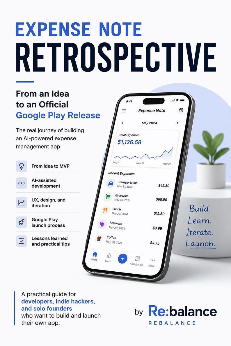 May include: A smartphone displaying an expense management app interface titled Expense Note, showing a May 2024 dashboard with a total expense of $1,126.58, a line graph, and a list of recent transactions including transportation, groceries, and coffee.