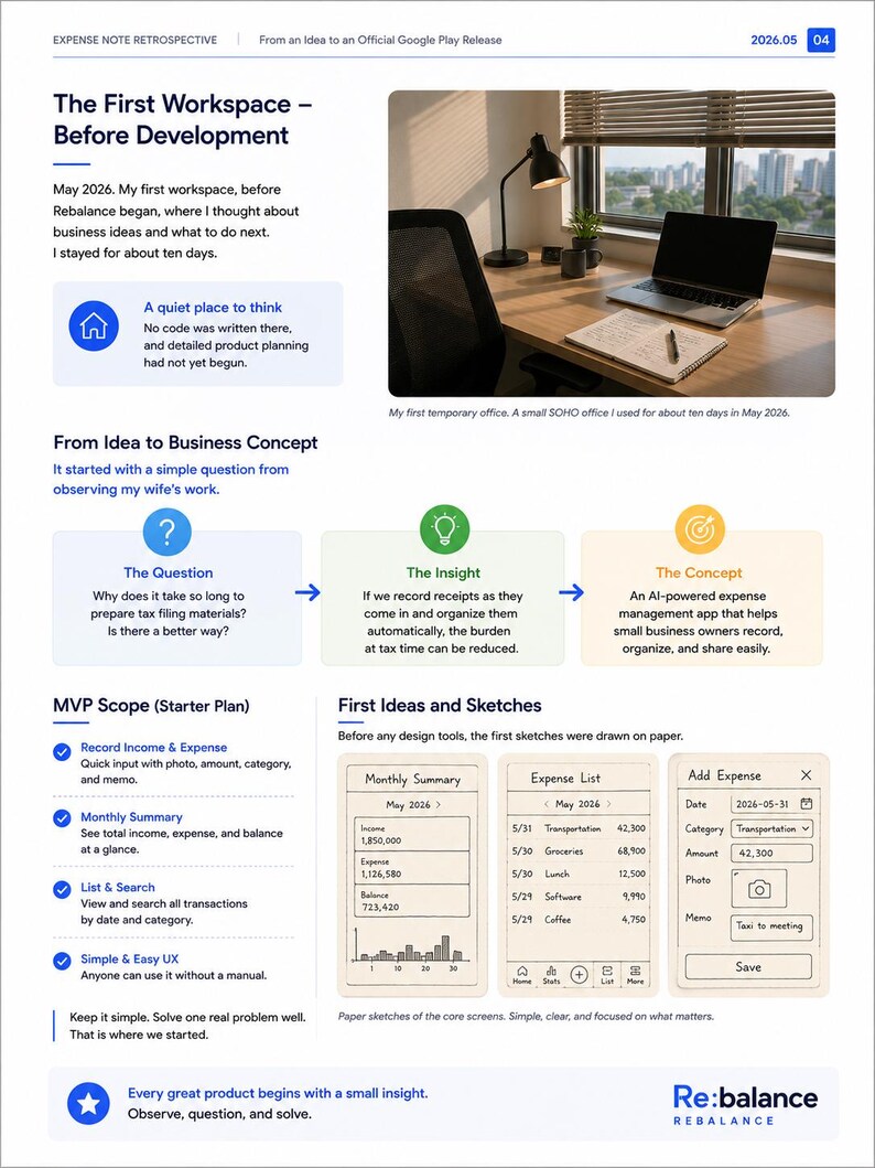 May include: A document titled Expense Note Retrospective 2026.05 detailing a business concept for an AI-powered expense management app. It includes a photo of a workspace, a process flow from question to concept, MVP scope, and paper sketches of app screens.