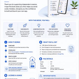 May include: A digital product information sheet for the book Expense Note Retrospective, featuring a white cover with a smartphone graphic. The document outlines the book's contents, including 40 pages of app development insights, PDF format details, and instructions for purchase, download, and usage.