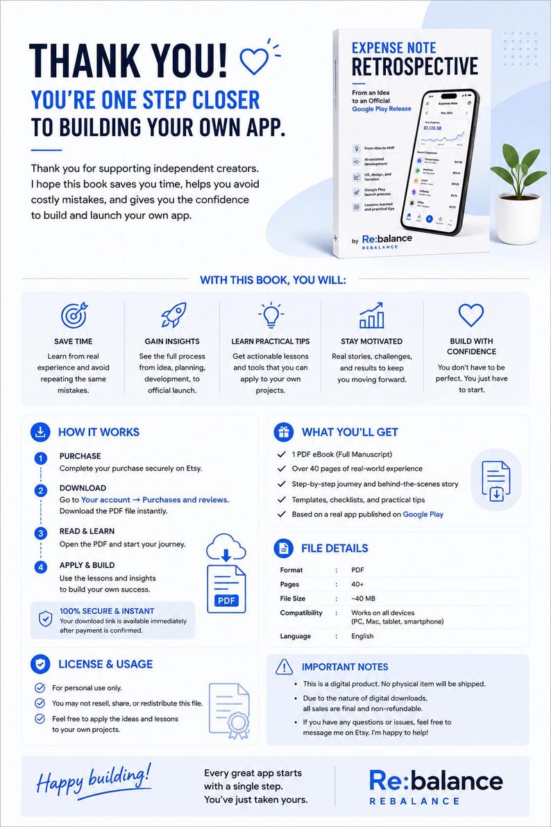 May include: A digital product information sheet for the book Expense Note Retrospective, featuring a white cover with a smartphone graphic. The document outlines the book's contents, including 40 pages of app development insights, PDF format details, and instructions for purchase, download, and usage.