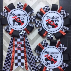 Race car Baby Shower Corsage/Race Car Baby Shower/Race Car/Boy Baby Shower/Baby Shower Corsage/Baby Shower Pin/Mommy to be Corsage/Daddy Pin