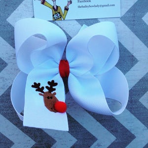 Rudolph the red nosed reindeer Hair Bow/Christmas Hair Bow/Embroidered Hair Bow/Hair Bow/Boutique Hair Bow