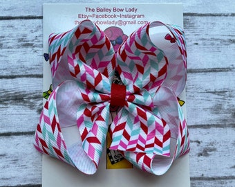 Valentine's Day Hair Bow/Boutique Hair Bow/Hair Bow/Herringbone Print Hair Bow/Bow/Ready to Ship Hair Bow