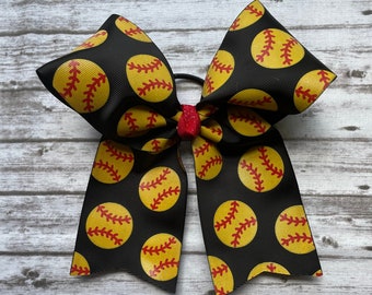 Softball Cheer Style Bow/Softball Bow/Softball Hair Bow/Hair Bow/Bow/Softball/Ready to Ship Softball Bow/Black Softball Bow