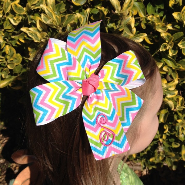 Monogrammed Chevron Pinwheel Style Hair Bow/Monogrammed Hair Bow/Spring Hair Bow/Easter Hair Bow/Chevron Hair Bow/Monogrammed Chevron Bow