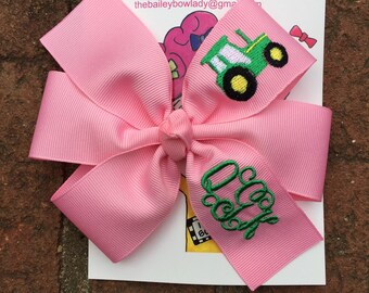 Monogrammed Embroidered Tractor Pinwheel Style Hair Bow/Tractor Hair Bow/Tractor Bow/Farm Girl Hair Bow/Farm Hair Bow/Embroidered Hair Bow